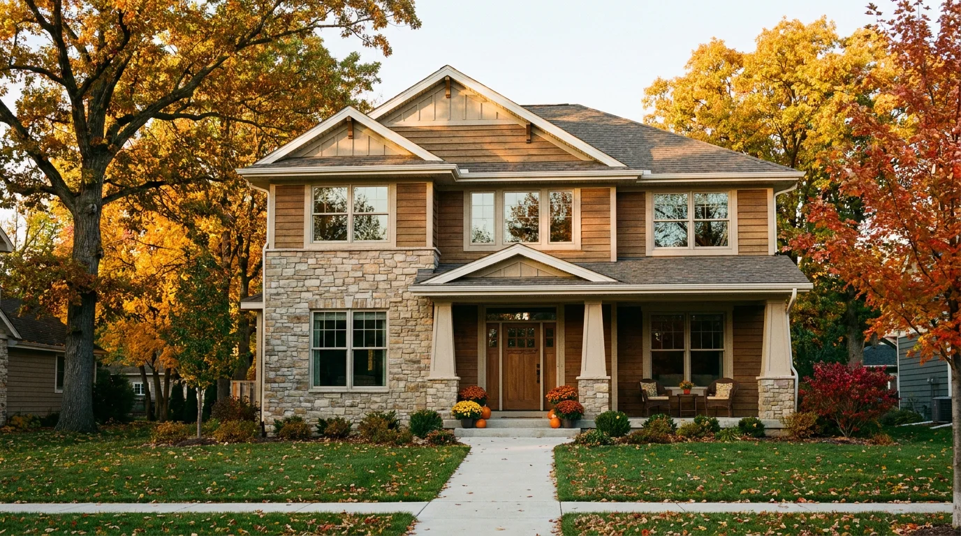 Two-story Midwest home surrounded by golden and crimson autumn trees with clean gutters and windows