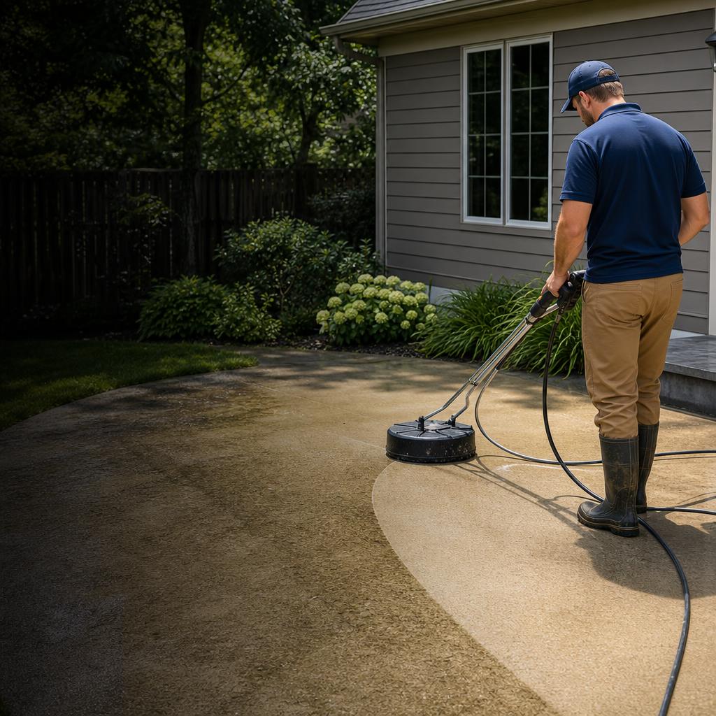 Technician operating a commercial rotary surface cleaner on a stained concrete patio