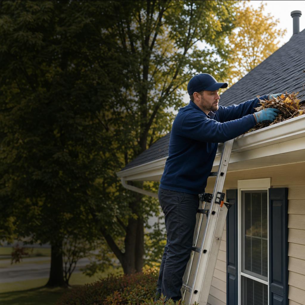 Professional technician on a ladder cleaning residential roof gutters