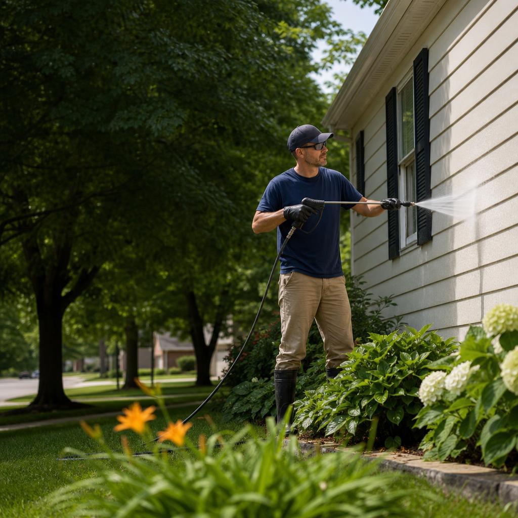 Professional technician soft washing residential house siding